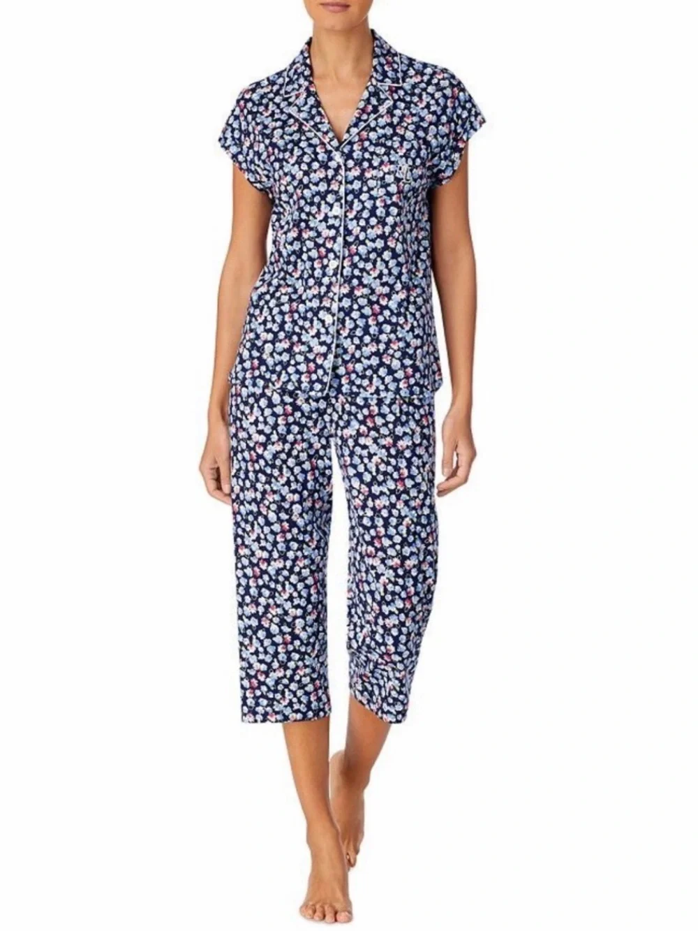 Ralph Lauren | Women’s Navy/White Floral Two-Piece Cap Sleeve Capri Pajama Set S